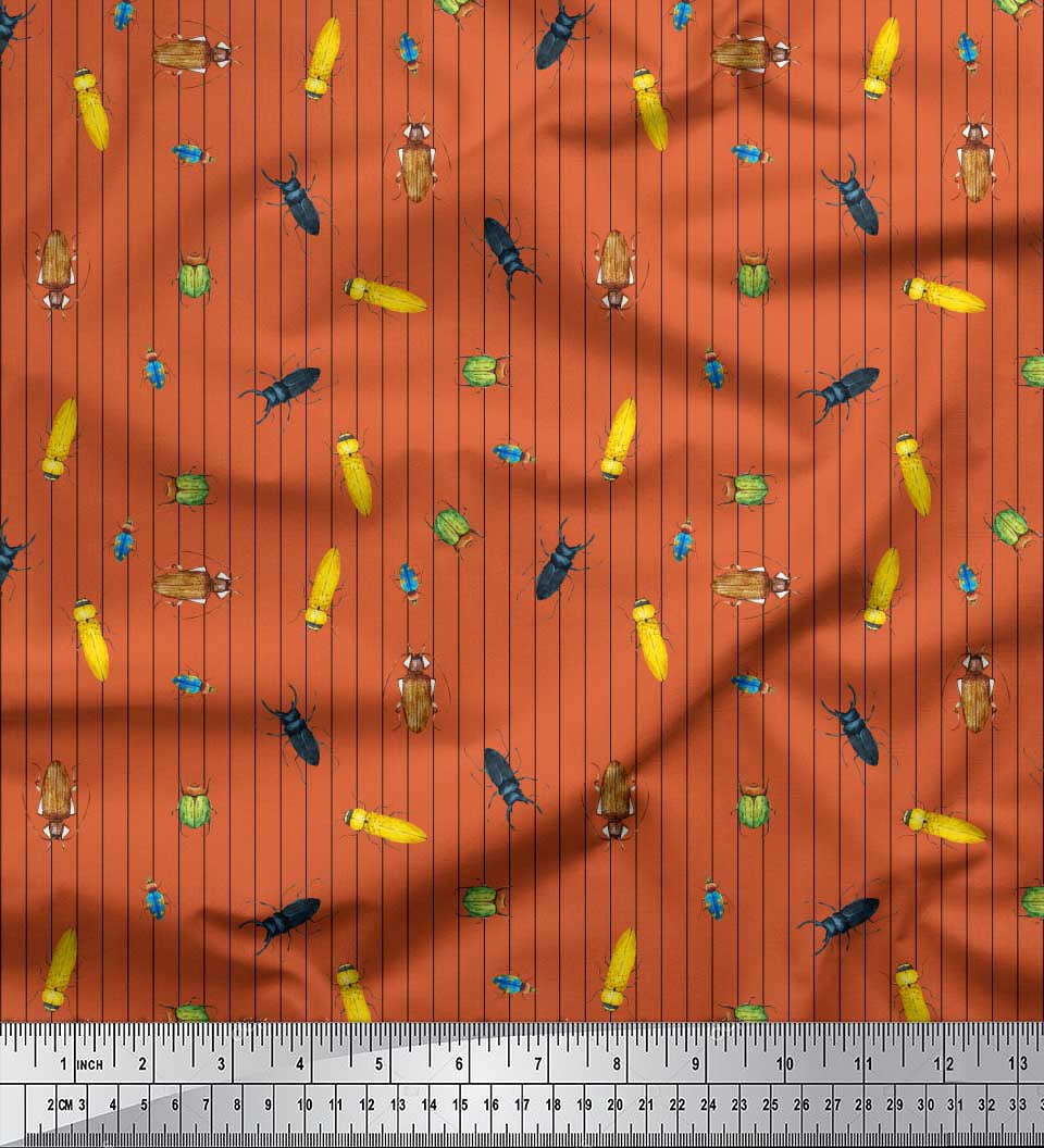Soimoi Tissu Rayonne Orange Rayures & Insectes Tissu Imprimé au Mètre 56 Pouces de Large