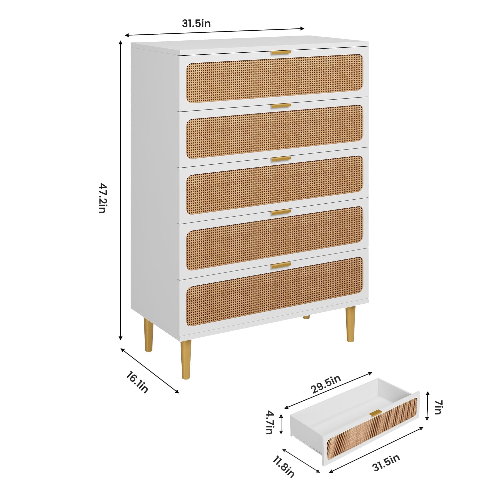 Kojooin Rattan Dresser with 5 Drawers, Tall Storage Chest with Deep Drawers and Wide Top for Bedroom or Hallway