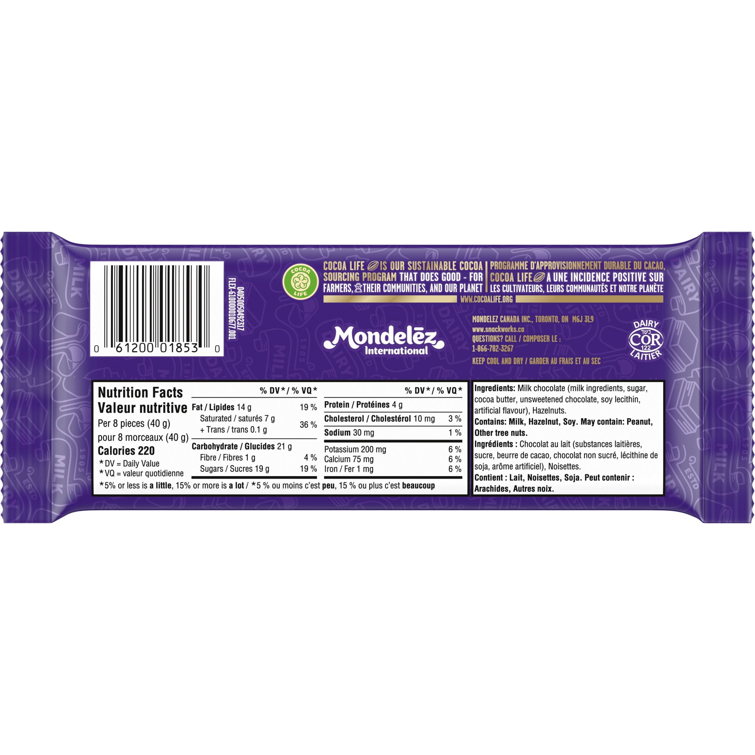 Tablette de chocolat CADBURY DAIRY MILK Noisettes avec noisettes hachées, tablette de chocolat au lait CADBURY DAIRY MILK, barre de chocolat au lait CADBURY DAIRY MILK, 90 g