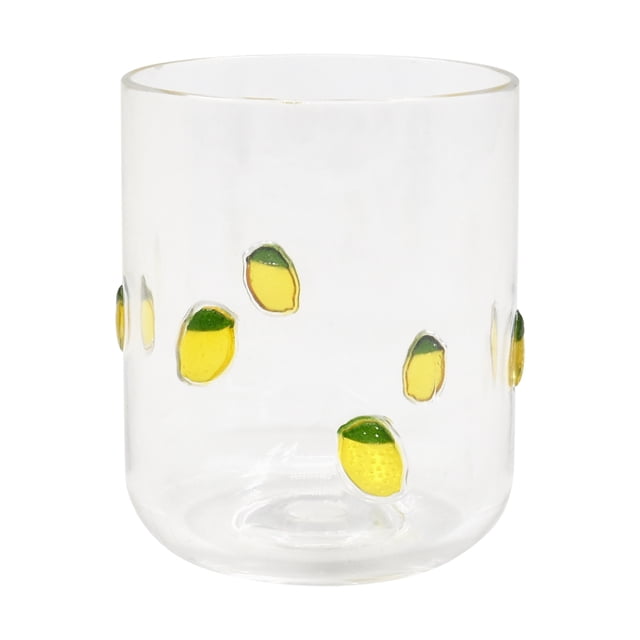 Mainstays Lemon Icon Plastic Lowball Drinking Glass with clear plastic construction decorated with small yellow and green lemon icons, lightweight and reusable drinkware ideal for cold beverages like juice or cocktails.
