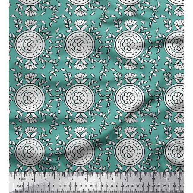 Soimoi Poly Georgette Fabric Leaves & Floral Block Printed Craft Fabric by The Yard 42 Inch Wide