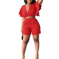 thumbnail image 4 of Mikilon Womens Oversized Stylish Outfits 2 Piece Set Ruffle Short Sleeve V-Neck Top Casual Shorts Summer Plus Size Suit Ruffle Short Sleeve V-Neck Top Casual Shorts Summer Plus Size Suits Red S, 4 of 8