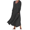 thumbnail image 2 of Robe T-Shirt Mode Femme Manches Longues Couleur Unie Coton Lin Col Rond Robe avec Poches Robes pour Femmes 2023 Décontracté en Liquidation, 2 of 5