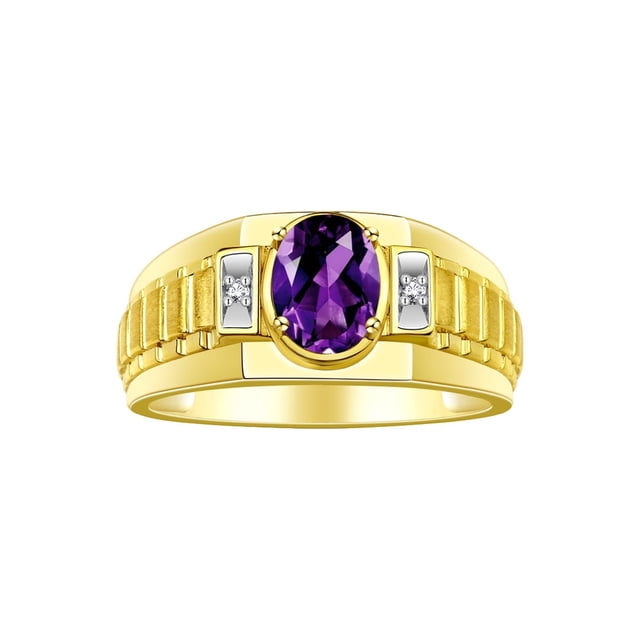 RYLOS Men's Rings 14K Yellow Gold Ring Classic Designer Style 8X6MM Oval Gemstone & Diamond Ring Amethyst Birthstone Rings For Men Size 13