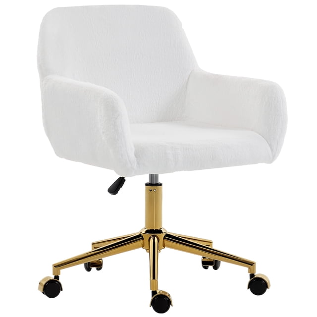HOMCOM Office Chair with Adjustable Height, Swivel Vanity Desk Chair featuring a cream white faux rabbit fur upholstery for a soft and luxurious feel. The chair includes high-density foam padding for comfort, a gold-tone electroplated steel base for modern elegance, and silent PU wheels for smooth movement. The seat height adjusts from 17.7 to 21.7 inches, and the chair supports up to 265 lbs. Ideal for workspaces or vanity setups.