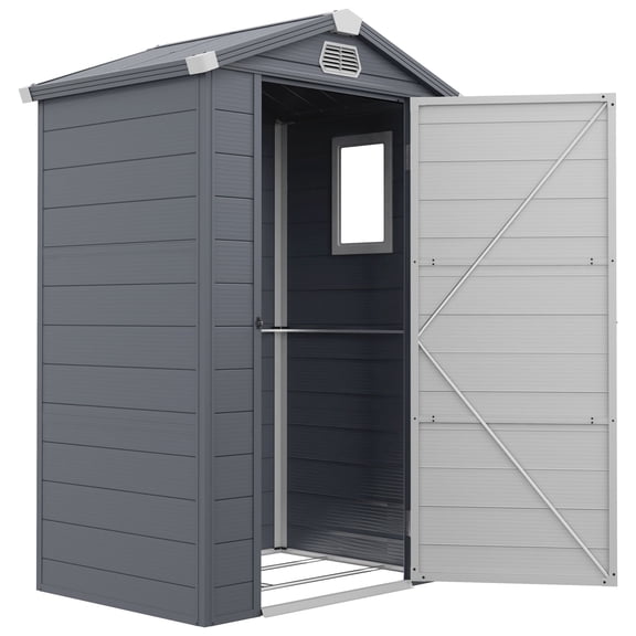 Garden Storage Shed, 52.4" W x 40.2" D x 81.9" H Polypropylene Plastic Outdoor Tool Shed with Sloped Roof, Side Window, Dual Vents, Latch Door and Foundation Kit, Dark Grey