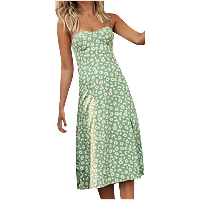 Fridja Femmes Casual Fleur Impression Slim Plage Licou Bretelles Robe Bretelles