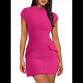 thumbnail image 2 of Robe d'Été pour Femme à Col Montant, Manches Courtes, Mini Robe de Boîte de Nuit, Rose Rouge, m, 2 of 8