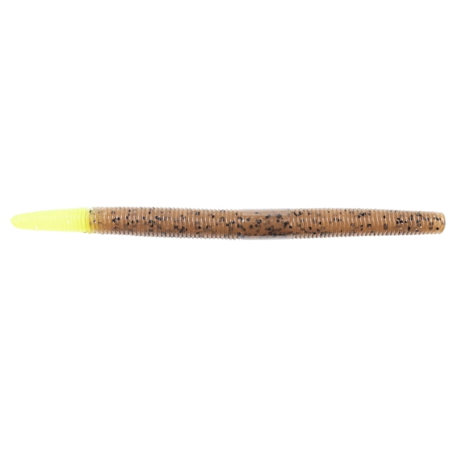 Lunkerhunt Lunker Sticks - Pilsner Nitro Tip - 5" soft plastic stick bait with a ribbed, salt-impregnated brown body speckled with black and a bright yellow tip, designed for steady sink rate and subtle flutter action, suitable for diverse fishing techniques.