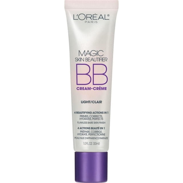 L'Oréal Paris Magic Skin Beautifier BB Cream 30 mL tube in Light shade with purple cap, delivering 4 beautifying actions: primes to smooth skin texture, corrects for an even complexion, hydrates for all-day moisture, and perfects to hide imperfections with a flawless bare skin finish.