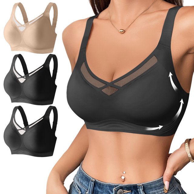 Kyusrd Plus Size Cut-Off Seamless Bra For Women'S 3Pcs Supportive Full Coverage Wireless Bralette Bra Adjustable Shoulder Straps Bra Soild Color Everyday Athletic Sport Bra