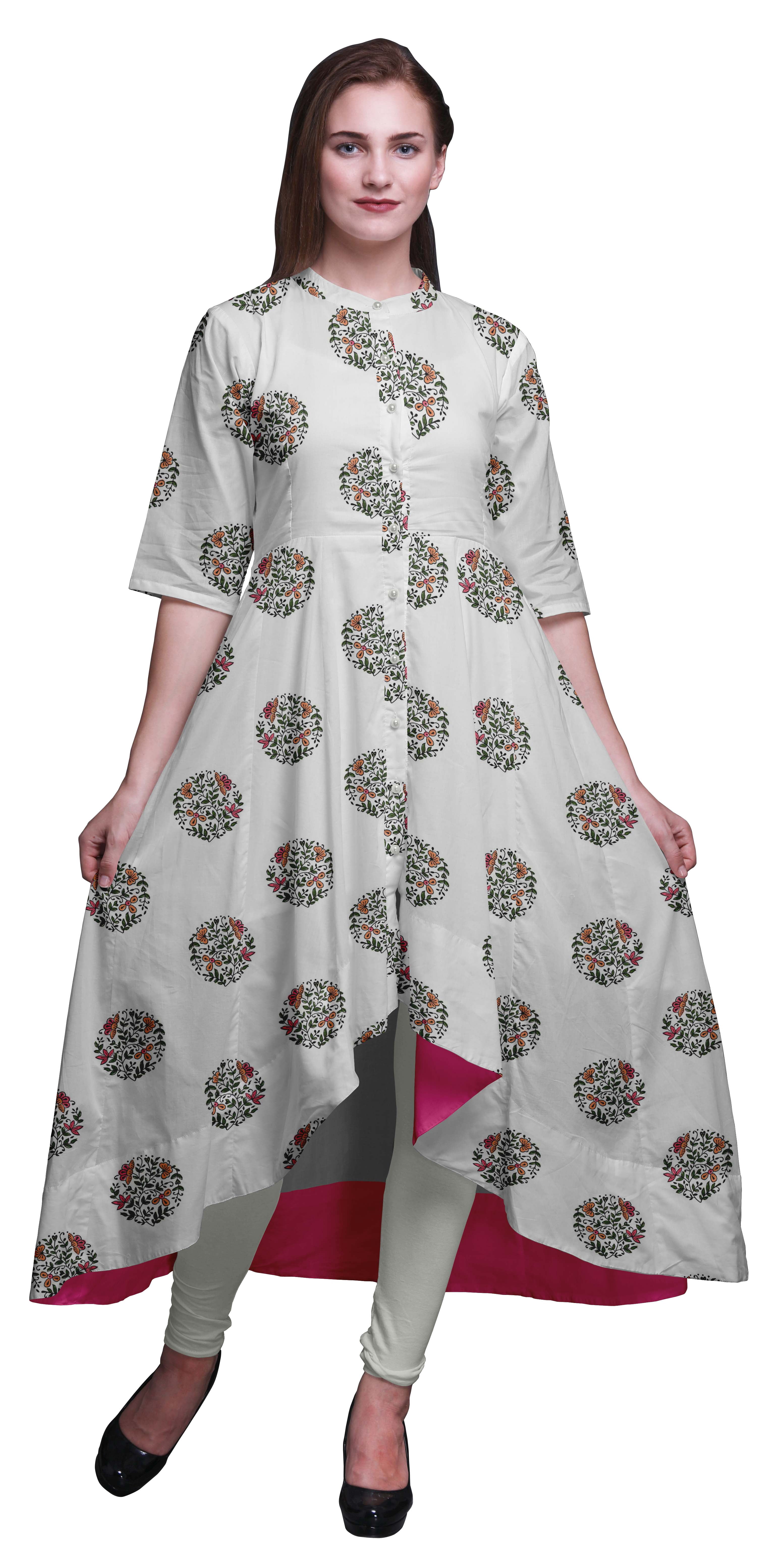 Bimba Feuilles Blanches et Bloc Floral Tenue Ethnique Indienne pour Femmes Anarkali Kurti Imprimée Robe Asymétrique-Petit