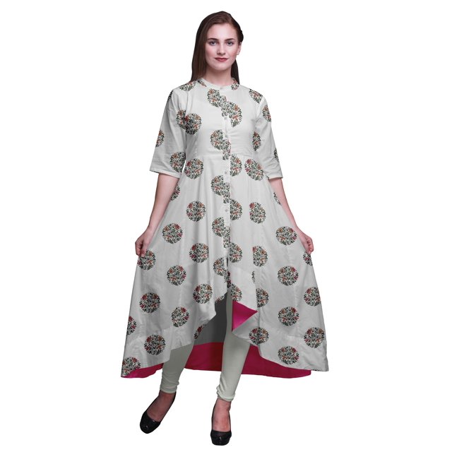 Bimba Robe Anarkali à Blocs Feuilles Blanches et Fleurs Imprimée Col Mandarin Kurtis Indiens pour Femmes Tenue de Fête Anarkali Kurta -XXX-Large