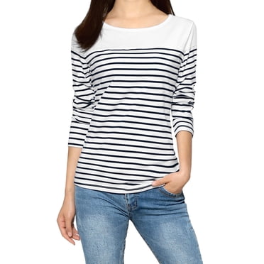 INSPIRE CHIC Women's Color Block Long Sleeve Striped Causal T-Shirt Dark Blue L
