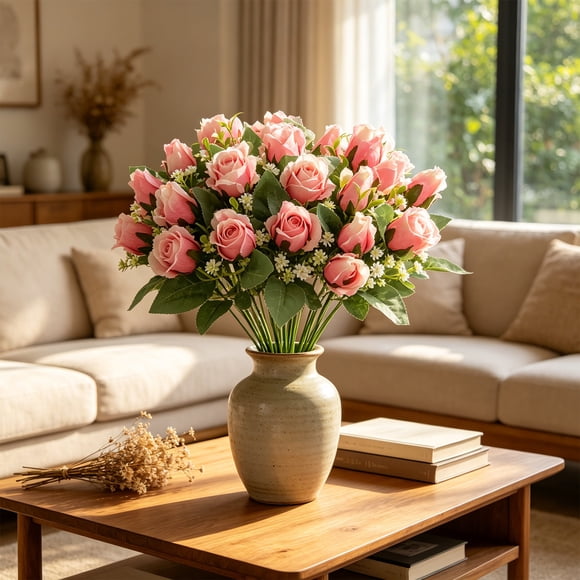 2-Pack Realistic Artificial Rose Bouquet for Wedding, Home, Hotel Table Decor, 11.81x11.81x15.75in, Plastic