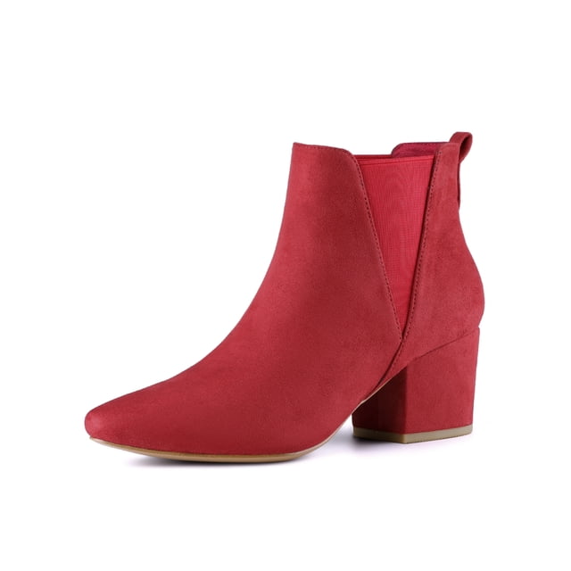 BLISSFUL STEP Women's Boots Pointed Toe Block Heel Chelsea Ankle Boots Red 5.5