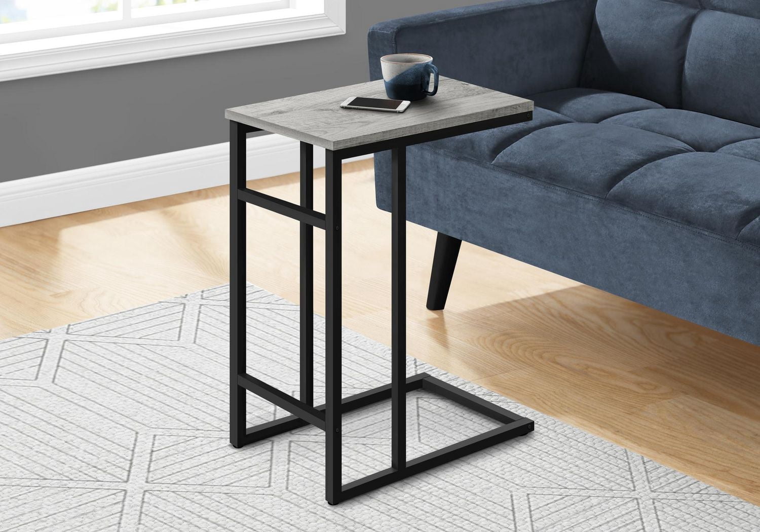 Monarch Specialties Table D'appoint, En Forme De C, Bout, Côté, Collation, Salon, Chambre À Coucher, Métal, Stratifié, Gris, Noir, Contemporain, Moderne
