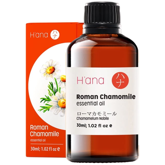 HAana Roman chamomile essential oil for diffuser, 1 fl oz bottle, featuring undiluted chamomile oil for aromatherapy, skin, and hair care. The amber glass bottle is labeled with product details and paired with an orange box displaying chamomile flower illustrations.