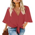 thumbnail image 1 of CHUANK Women‘s Button Down V Neck Tops Ruffled 3/4 Sleeve Tie Knot Front Blouses White Sizes S-2XL, 1 of 8
