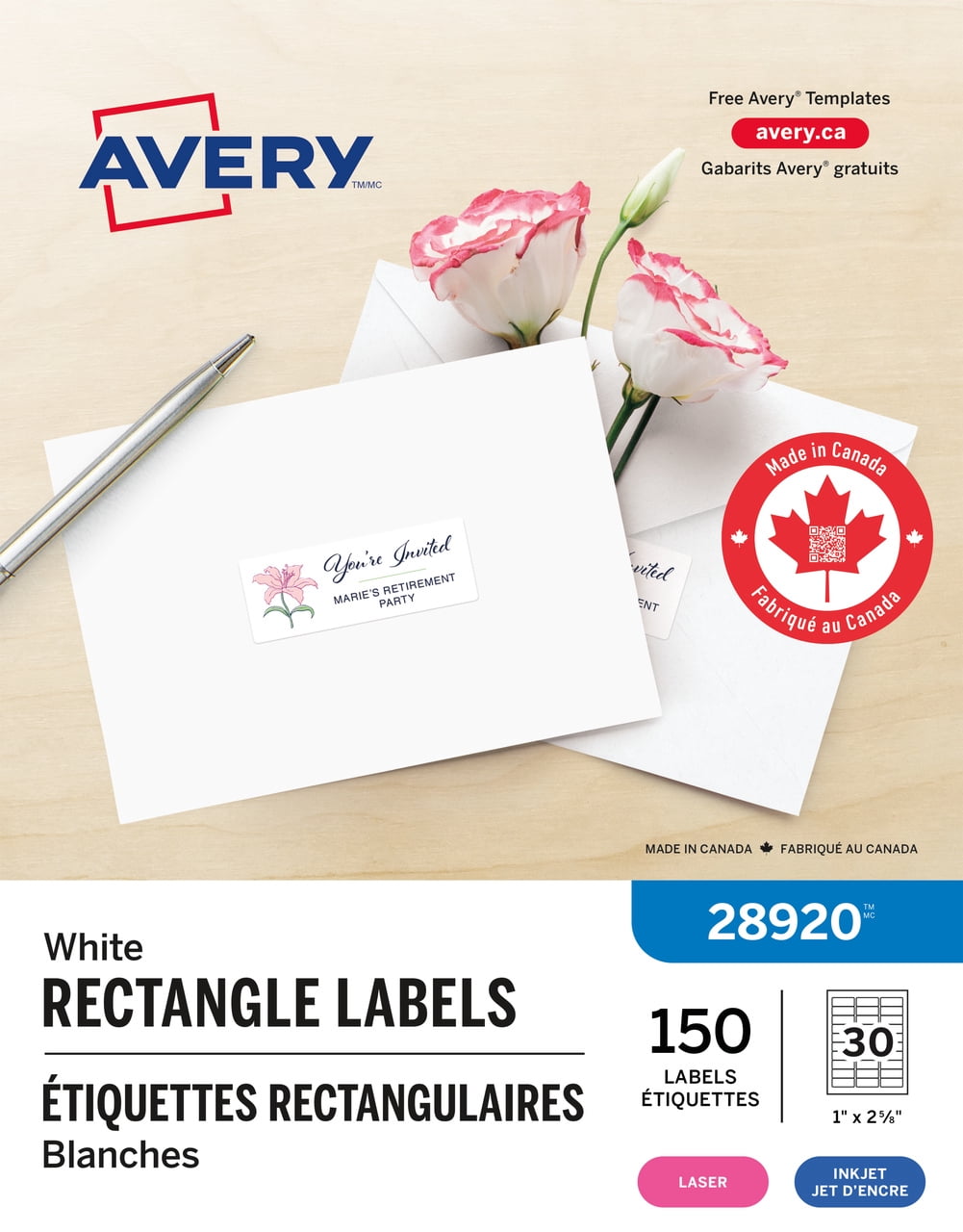Avery Étiquettes rectangulaires blanches avec technologie Sure Feed, Technologie Easy Peel, 1 po x 2 ⅝ po, adhésif permanent, pour imprimantes laser et à jet d'encre - 28920