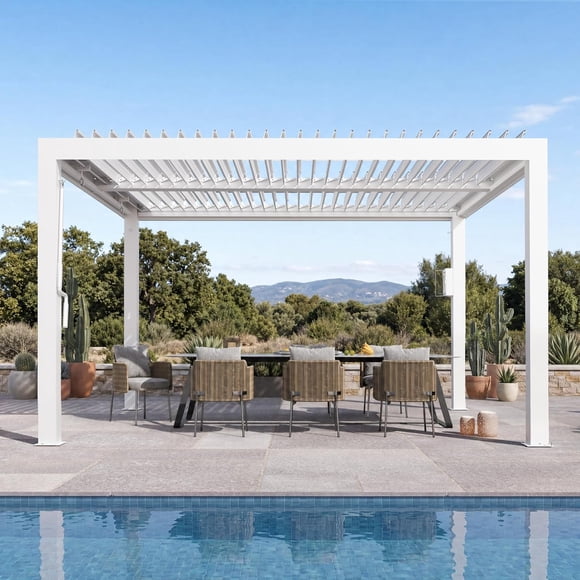Modern Shade 10'x12' Louvered Pergola with USB Port, Adjustable Waterproof Roof & Drainage, Reinforced Frame for Patio Garden, Easy Assembly, White