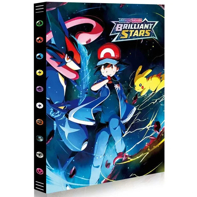 Trading Card Binder, 9 Pocket Card Storage Collector Holder Binder Fits 432 Cards (JJK5) featuring a vibrant cover design with animated characters and the text 'Sword & Shield Brilliant Stars.' The binder is made of durable polypropylene material, offering multi-layer protection for trading cards. It includes 24 pages with 9 pockets per page, accommodating up to 432 cards. The compact and lightweight design makes it easy to carry and store, ideal for trading cards, baseball cards, football cards, MTG cards, and Yu-Gi-Oh cards. The spine features colorful icons representing various card types.