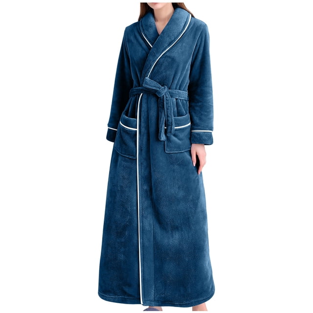 AherBiu Women's Robes Plush Warm Soft Long Robe Fleece Winter Party Housecoat Bathrobe with Pockets. This full-length robe in a rich blue colour features a shawl collar, long sleeves, and a belted waist for a secure fit. The robe includes two front pockets with white piping accents, adding a touch of elegance. Made from soft, breathable fleece material, it provides warmth and comfort, ideal for lounging or casual wear during colder months.