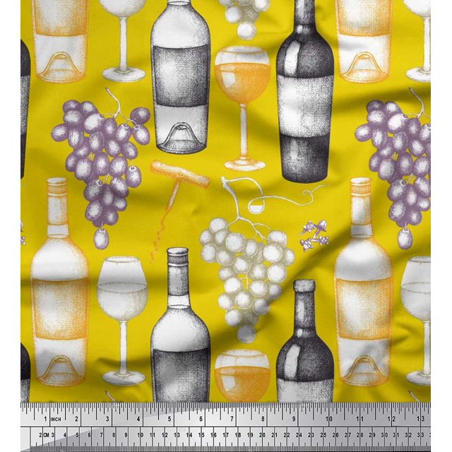 Soimoi Poly Georgette Fabric Grapes,Wine Glass & Bottle Decor Fabric Printed Yard 52 Inch Wide