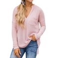 thumbnail image 3 of Women Side Split Hem V Neck Long Sleeve Pocket Pullover Shirt, 3 of 7