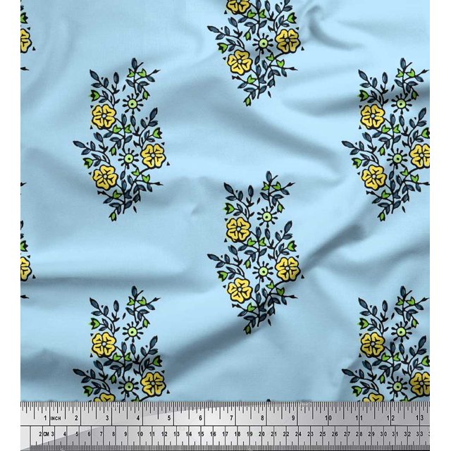 Soimoi Polyester Crepe Fabric Leaves & Floral Block Printed Fabric 1 Yard 52 Inch Wide