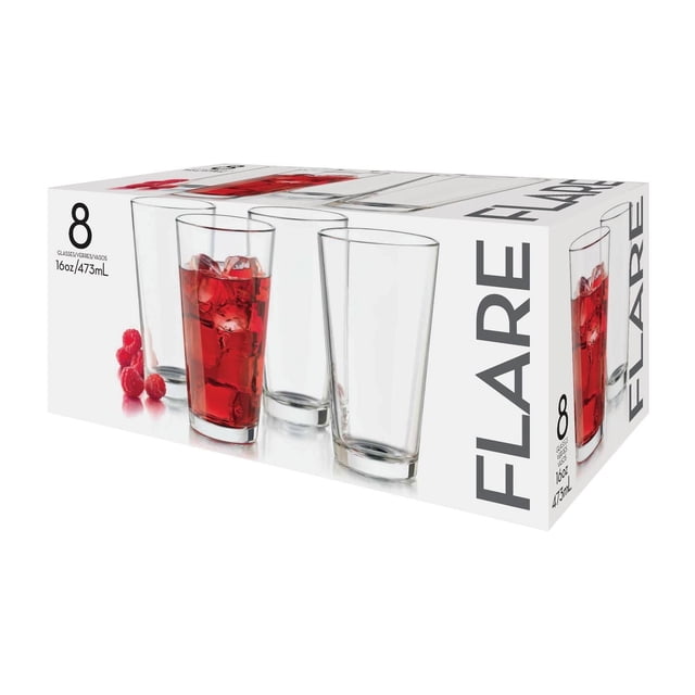 Flare Glass Set /8 with eight clear glass tumblers featuring a classic flare from base to rim, each holding 16oz (473mL). One glass shows a red iced beverage with raspberries nearby. Durable and dishwasher-safe, suitable for water, cocktails, beer, and juice in your drinkware collection.
