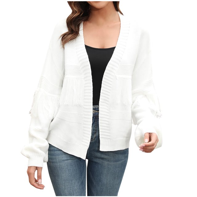 AherBiu Cardigan Sweaters for Women Ribble Knit Fringe Tassels Jackets Open Front Fall Clothes