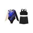 thumbnail image 3 of Zaldita Kids Girls Gymnastics Leotards Shiny Rhinestones Mesh Back Keyhole Unitards Jumpsuits with Crop Tops Shorts Royal Blue 14, 3 of 5