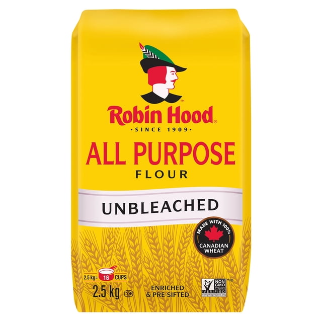 Robin Hood Unbleached All Purpose Flour 2.5kg bag made with 100% Canadian wheat, enriched and pre-sifted, retaining natural creamy-yellow colour, ideal for baking cookies, muffins, breads, and pastries.