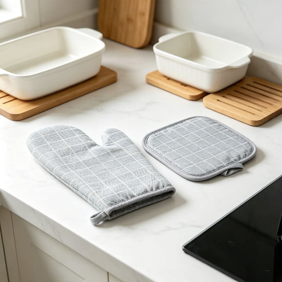 Ensemble de Mitaines de Four et de Supports pour Casseroles Résistant à la Chaleur, Gants de Cuisine Épais Rembourrés en Coton avec Support pour Casseroles pour la Cuisson au Four et au Micro-Ondes