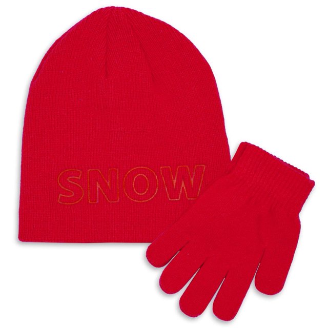 Hot Paws Embossed Children's 2-Piece Set 4-6Y with a red knit hat embossed with 'SNOW' and matching red gloves, made from recycled polyester and acrylic blends, designed to keep kids warm and suitable as casual winter accessories.