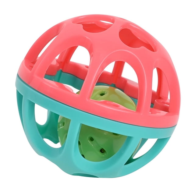 Spark Create Imagine Rattle Ball with coral pink and teal open cage design enclosing a green perforated rattle ball, made from BPA-free materials for infants 6 months and older to promote fine motor skills and sensory development, featuring a soft, flexible structure easy to grip and squeeze.
