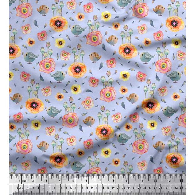 Soimoi Rayon Fabric Leaves,Bird & Anemone Floral Decor Fabric Printed Yard 56 Inch Wide
