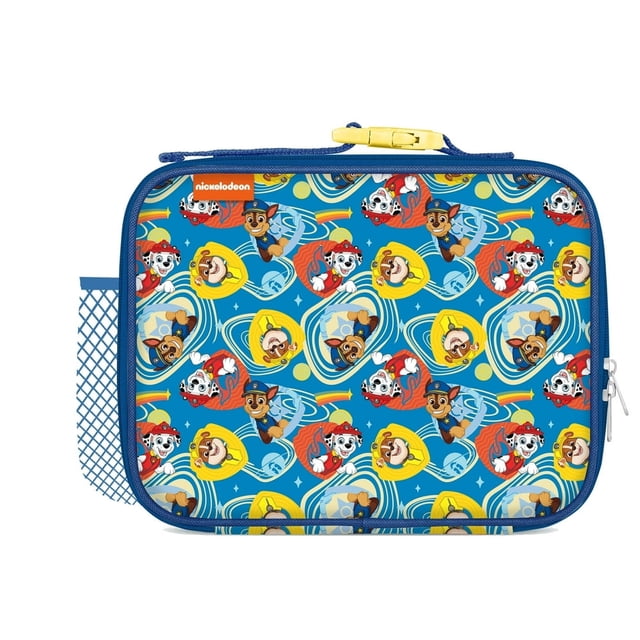 Paw Patrol Lunch Bag With Clip featuring colorful Paw Patrol character illustrations on a blue background. Designed with a large zipper closure, insulated interior to keep meals fresh, and a sturdy top clip for attaching to backpacks or strollers. Includes a side mesh pocket for a water bottle and a name tag for personalization. Compact and lightweight, ideal for kids' lunches at school, daycare, or travel.