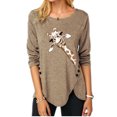 thumbnail image 1 of Women's Irregular Button Long Sleeve Round Neck Print T-shirt, 1 of 1