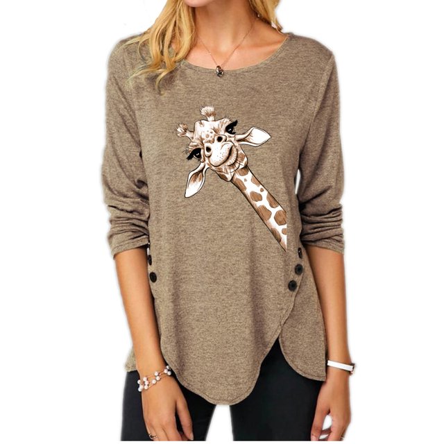 Women's Irregular Button Long Sleeve Round Neck Print T-shirt