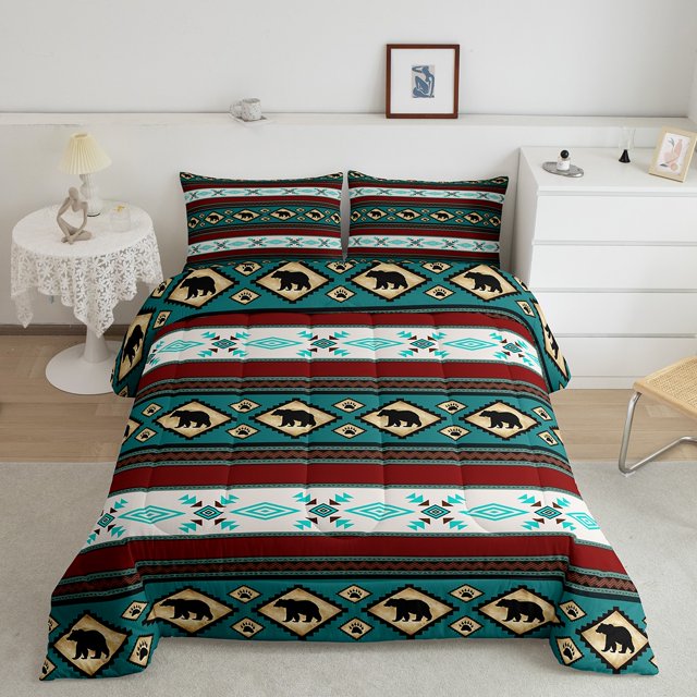 Erosebridal Aztec Bedding Full Comforter Set for Adult, Rustic Bear Down Comforter, Geometric Stripe Decor, 3pcs