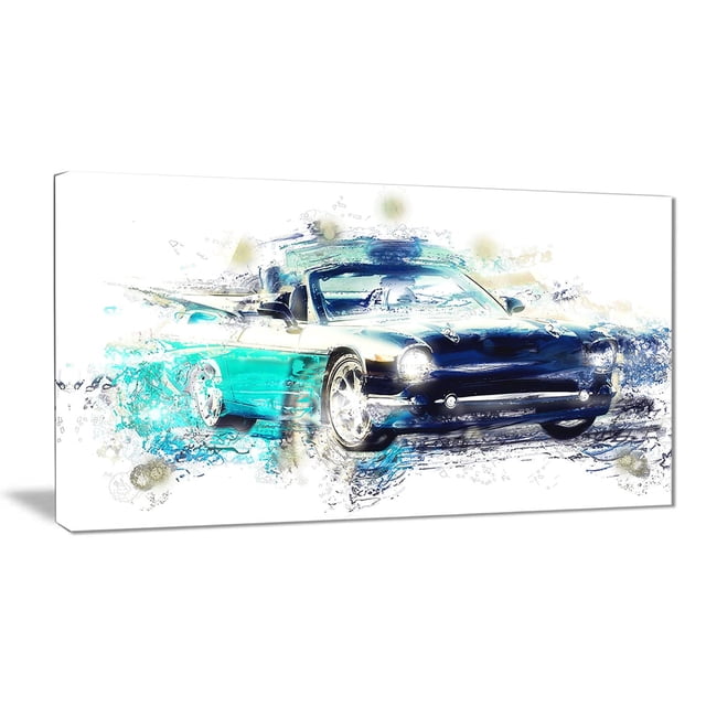 Design Art Nuances de Bleu Art de Voiture Toile Art Mural Mettant en Vedette une Impression sur Toile de Coton Enveloppée d'Une Voiture convertible Bleue avec Éclaboussures de Peinture Abstraites et Coups de Pinceau sur Fond Blanc, Imprimée avec Encre giclée Haute Résolution et Prête à Accrocher avec Quincaillerie Incluse.