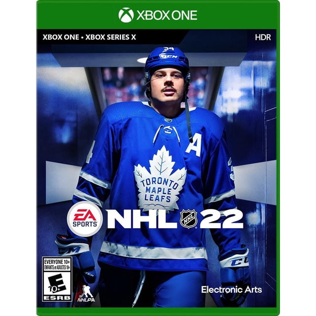 NHL 22 Xbox One game cover featuring a hockey player in a blue Toronto Maple Leafs jersey with an alternate captain 'A' patch, wearing blue gloves and helmet, walking through a tunnel with dark blue walls, with EA Sports and NHL logos visible.