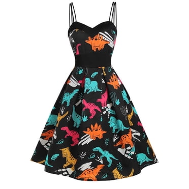 Pisexur Robe à Manches Courtes à Col Rond Mode Femmes Décontractée Sans Manches Vintage Dinosaure Camisole Taille Haute Robe Femmes Robe