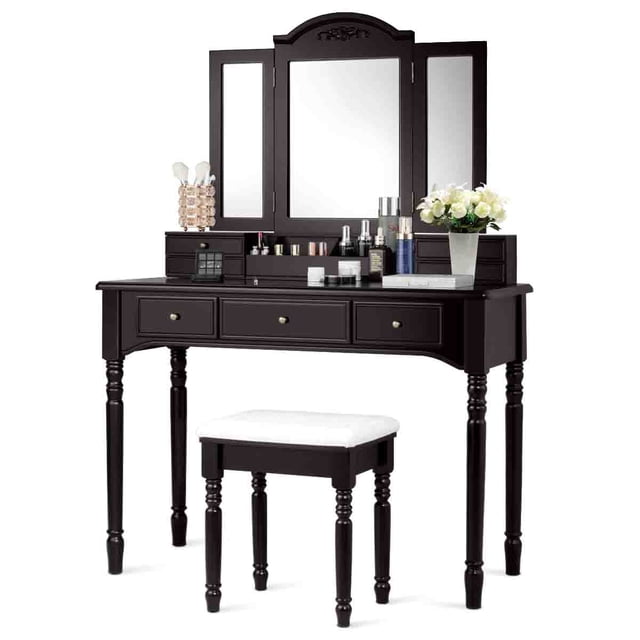 Patiojoy 7 Drawers Tri-Folding Vanity Mirror Makeup Dressing Table Set w/ Necklace Hook Coffee