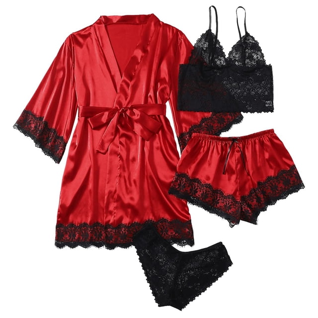 Ketyyh-chn99 Pyjama pour Femmes Vêtements de Nuit pour Femmes Ensemble de Pyjama en Satin de Soie pour Femmes 4 Pcs Lingerie Dentelle Florale Vêtements de Nuit avec Peignoir Rouge,G