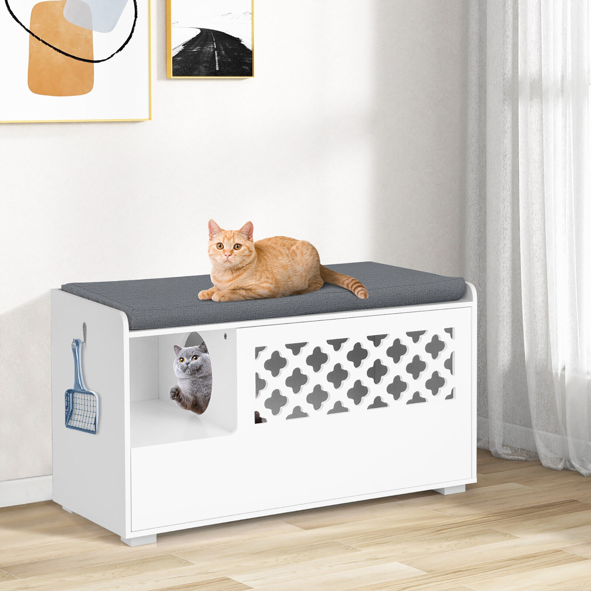 Gymax Bac à Litière pour Chat avec Coussin Amovible et Ouverture Rabattable Moderne Blanc