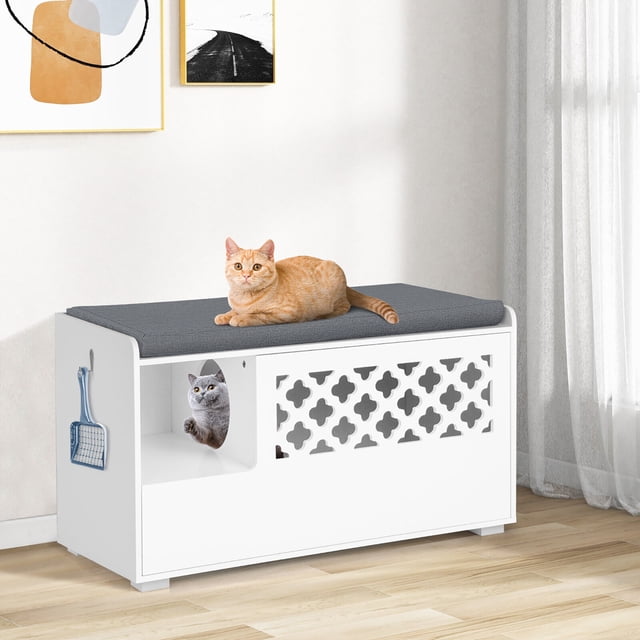 Gymax Bac à Litière pour Chat avec Coussin Amovible et Ouverture Rabattable Moderne Blanc