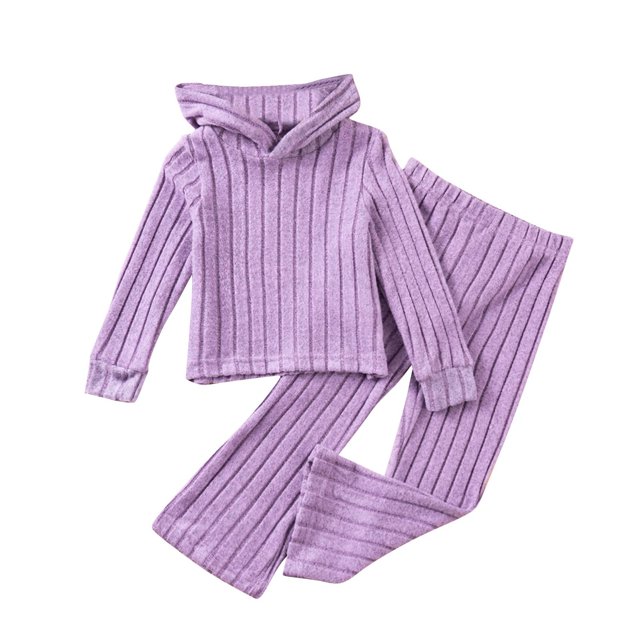 ZACPNCV Toddler Girl Fall Clothes Set Long Sleeve Ribbed Knit Tops Pants Set Solid Color 2-Piece Outfit for Kids Purple 4-5 Years